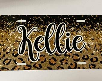 Personalized Glitter Leopard License Plate: Black & Gold Car Tag