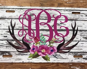 monogram license plate antlers wood look distressed car tag personalized monogrammed