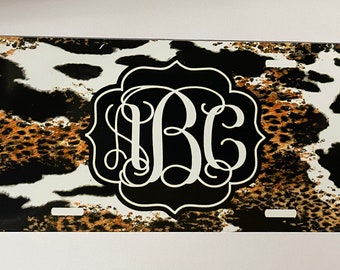 Monogram Cow & Leopard Print License Plate - Personalized Car Tag