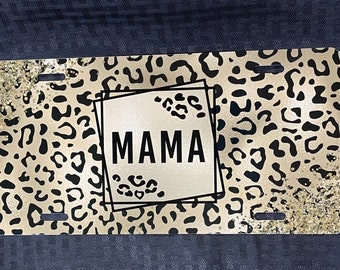 Mama License Plate: Gold Cheetah Leopard Car Tag