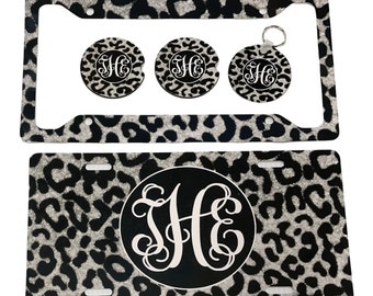 Monogram Leopard License Plate: Personalized Cheetah Car Tag black and gray