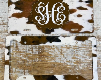 Cow Print License Plate: Personalized Monogram Car Tag brown and white