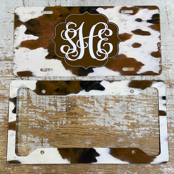 Cow print License Plate, personalized brown and white cow print license plate monogram Car Tag cow print monogram car tag