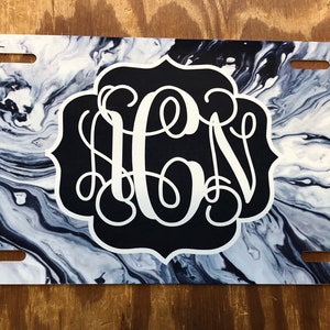 Marble Monogram License Plate: Personalized Car Tag black and white