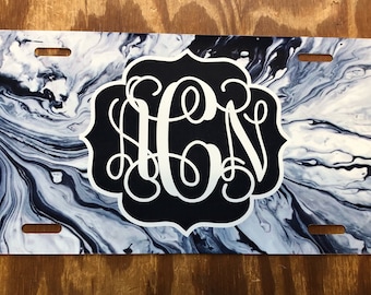 Marble Monogram License Plate: Personalized Car Tag black and white