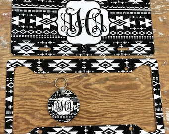 Black Aztec Monogram License Plate: Personalized Car Tag