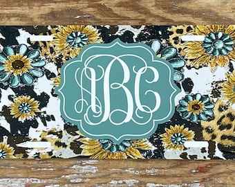 Personalized Sunflower Cow Print License Plate: Monogram Car Tag