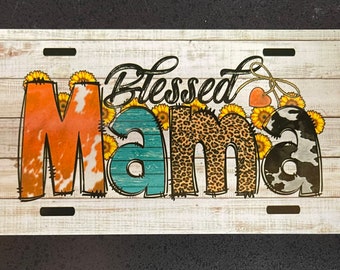 Blessed mama license plate, cow print, country, western, mama car tag