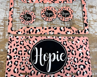Pink Leopard Monogram License Plate: Personalized Cheetah Car Tag