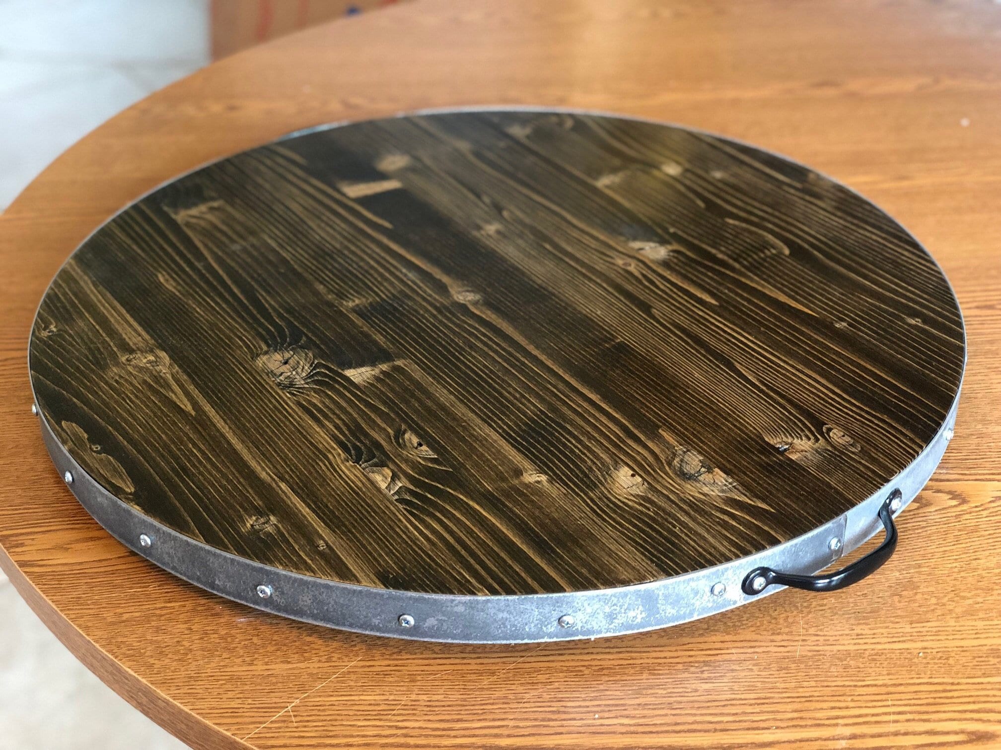 Wine Barrel Rustic Metal Banding Wood Lazy Susan Reclaimed or Distressed Wood (Sizes 18 and up)