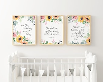 Printable Baby Girl Nursery Set/Watercolor Sunflower Nursery Art/Pink Bible Verse Art Set/Watercolor Sunflower Wall Art/Girl Room/Psalm 139