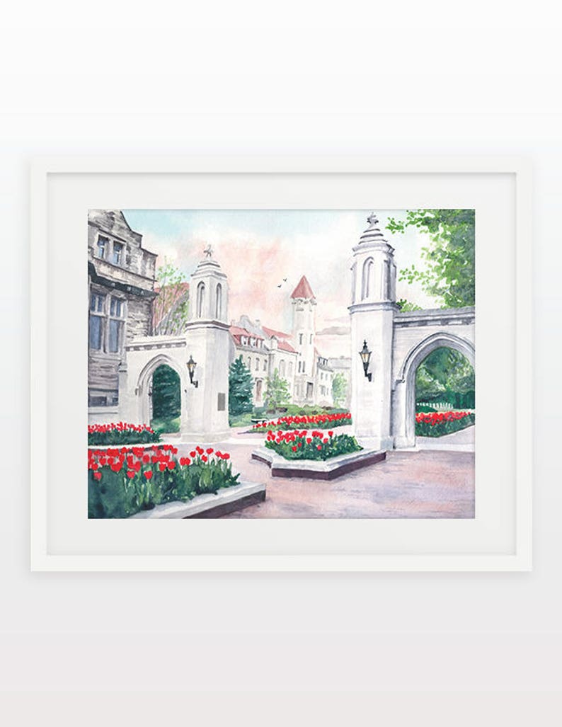 May include: A watercolor painting of a white stone archway with red tulips in the foreground. The archway is part of a university campus, with a tall building visible in the background.