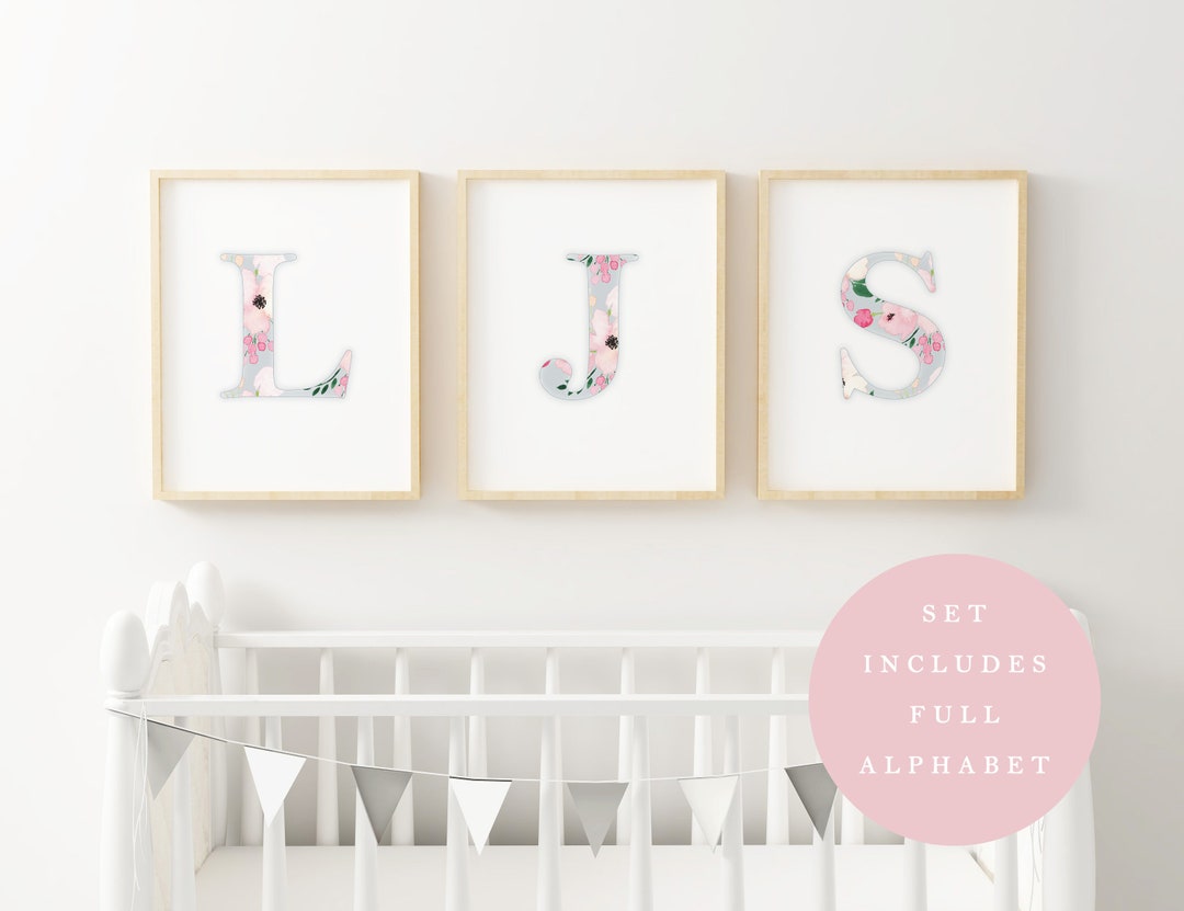 Printable Baby Girl Monogram Nursery Set/watercolor Floral Nursery Art ...