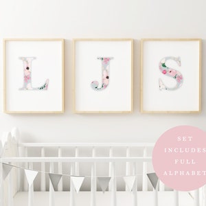 Printable Baby Girl Monogram Nursery Set/Watercolor Floral Nursery Art/Letters/Initials/Watercolor Flower Wall Art/Initials/Pink/Coral/Gray