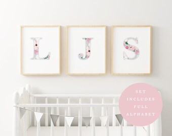 Printable Baby Girl Monogram Nursery Set/Watercolor Floral Nursery Art/Letters/Initials/Watercolor Flower Wall Art/Initials/Pink/Coral/Gray