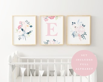 Printable Baby Girl Monogram Nursery Set/Watercolor Floral Nursery Art/Letters/Initials/Watercolor Flower Wall Art/Initials/Pink/Coral/Gray