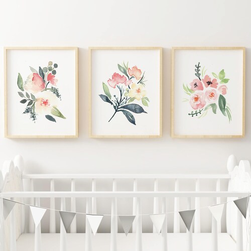 Printable Baby Girl Nursery Set/Watercolor Floral Nursery Wall Art/Floral Nursery Art Set/Watercolor Flower Wall Art/Girl's Room/Pink/Green