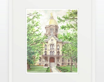 Notre Dame/Dôme d’Or/Université de Notre Dame/Aquarelle/Graduation Gift/Campus Building/Fighting Irish/South Bend/Indiana/Watercolor/Dome