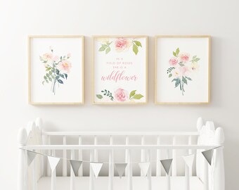 Printable Baby Girl Nursery Set/Watercolor Floral Nursery Wall Art/Floral Nursery Art Set/Watercolor Flower Wall Art/Girl's Room/Pink/Blush