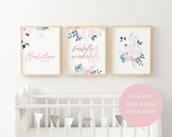 Printable Baby Girl Nursery Set/Watercolor Floral Nursery Wall Art/Floral Nursery Art Set/Girl's Room Art/Pink Bible Verse/Rose Gold/Gray