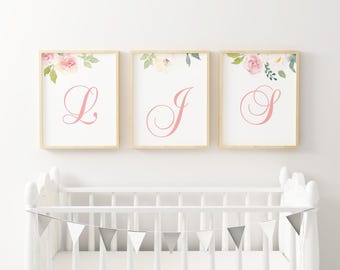 Printable Baby Girl Monogram Nursery Set/Watercolor Floral Nursery Art/Pink Bible Verse Art/Watercolor Flower Wall Art/Initials/Pink/Coral
