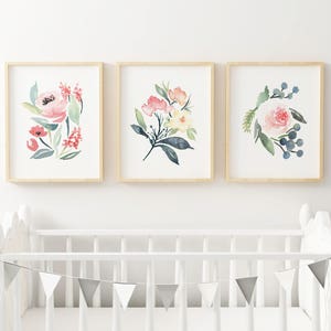 Printable Baby Girl Nursery Set/Watercolor Floral Nursery Wall Art/Floral Nursery Art Set/Watercolor Flower Wall Art/Girl's Room/Pink/Green image 1
