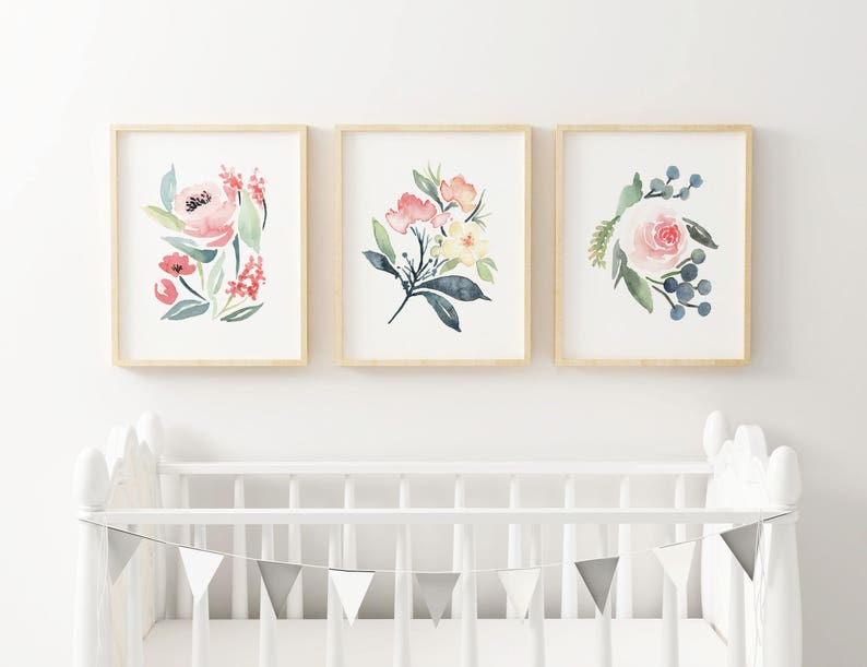 Printable Baby Girl Nursery Set/Watercolor Floral Nursery Wall Art/Floral Nursery Art Set/Watercolor Flower Wall Art/Girl's Room/Pink/Green image 1