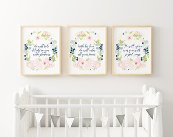 Printable Baby Girl Nursery Set/Watercolor Floral Nursery Wall Art/Pink Bible Verse Art Set/Watercolor Flower Wall Art/Girl's Room/Pink/Navy