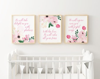 Printable Baby Girl Nursery Set/Watercolor Floral Nursery Wall Art/Pink Bible Verse Art Set/Watercolor Flower Wall Art/Girl Room/Pink/Coral