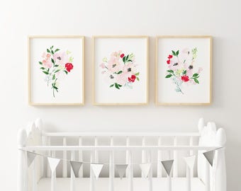 Printable Baby Girl Nursery Set/Watercolor Floral Nursery Wall Art/Floral Nursery Art Set/Watercolor Flower Wall Art/Girl's Room/Pink/Coral