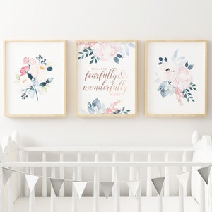 Printable Baby Girl Nursery Set/Watercolor Floral Nursery Wall Art/Floral Nursery Art Set/Girl&#39;s Room Art/Pink Bible Verse/Rose Gold/Gray