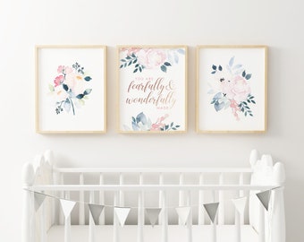 Printable Baby Girl Nursery Set/Watercolor Floral Nursery Wall Art/Floral Nursery Art Set/Girl's Room Art/Pink Bible Verse/Rose Gold/Gray