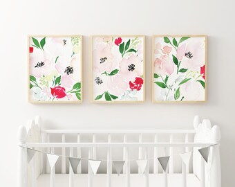 Printable Baby Girl Nursery Set/Watercolor Floral Nursery Wall Art/Floral Nursery Art Set/Watercolor Flower Wall Art/Girl's Room/Pink/Red