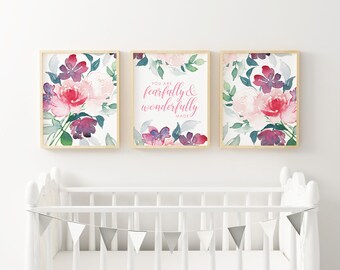 Printable Baby Girl Nursery Set/Watercolor Floral Nursery Wall Art/Pink Bible Verse Art Set/Psalm 139/Flower Wall Art/Girl Room/Pink/Purple