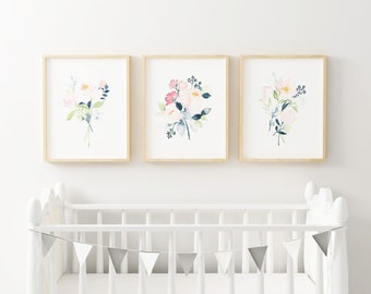 Printable Baby Girl Nursery Set/Watercolor Floral Nursery Wall Art/Floral Nursery Art Set/Watercolor Flower Wall Art/Girl's Room/Pink/Green
