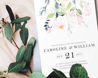 Watercolor Flowers Wedding Invitation/Printable Floral Bridal Shower/Wedding Invite Download/Wedding Invite Template/Suite/Pink/Blue/Green