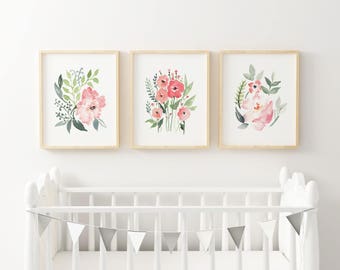 Printable Baby Girl Nursery Set/Watercolor Floral Nursery Wall Art/Floral Nursery Art Set/Watercolor Flower Wall Art/Girl's Room/Pink/Green