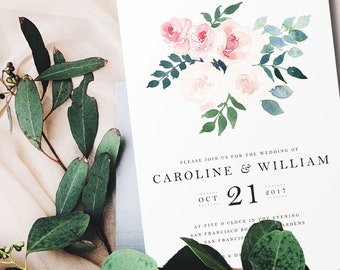 Watercolor Flowers Wedding Invitation/Printable Floral Bridal Shower/Wedding Invitation Download/Wedding Invite Template/Suite/Pink Roses