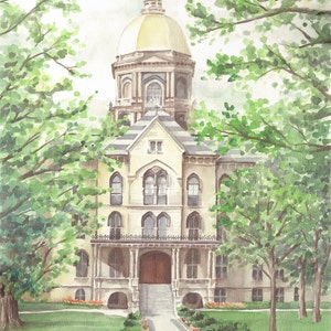 May include: Watercolor painting of a building with a gold dome, surrounded by green trees and a pathway lined with red flowers. The building has arched windows and a large wooden door. The sky is overcast.