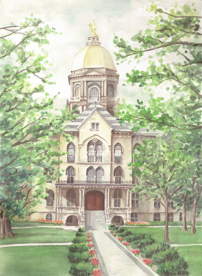 May include: Watercolor painting of a building with a gold dome, surrounded by green trees and a pathway lined with red flowers. The building has arched windows and a large wooden door. The sky is overcast.