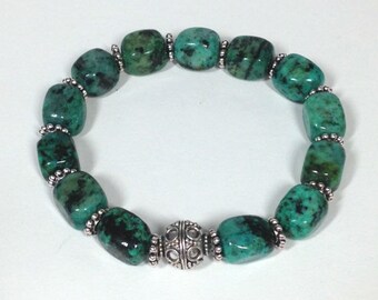 African Turquoise and Sterling Silver Bracelet, Semi-precious Stones Beaded Jewelry, Green Jasper Bead Bracelet