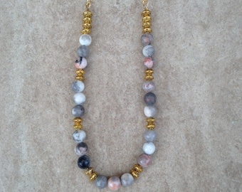 Pink Zebra Jasper Necklace, Semi-precious Stones Bead Jewelry