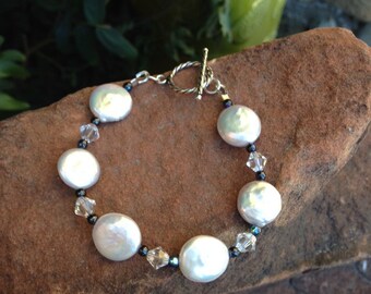 Freshwater Coin Pearl and Swarovski Crystal Bracelet