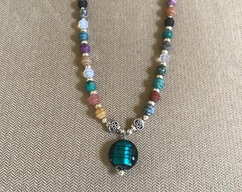 Multi-Color Carved Agate Bead Pendant with Teal Glass
