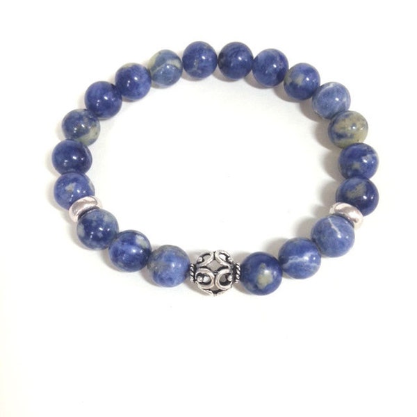 Sodalite and Sterling Silver Stretch Bracelet, Semi-precious Stone Beaded Jewelry