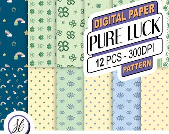 12 Pure Luck Lucky Suerte Sorte Digital Papers Seamless Repeat Patterns St Patricks Set High Resolution Green Blue Hearts
