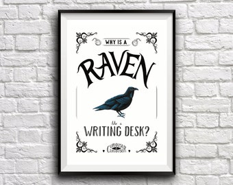 Raven Riddle Poster ~ Alice in Wonderland Inspired Poster, Digital Print, Hand Drawn Illustration.