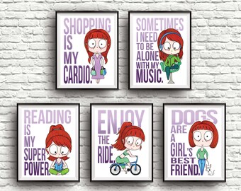 Simple Things Print Set ~Books, Shopping, Music, Rides & Dogs~ Gouache Illustrations + Quotes - 5 prints, 3 sizes: A4, Letter, A5 - Digital