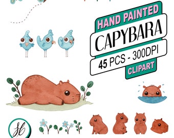 Capybara Clipart Set, hand painted watercolor capybaras, watercolor digital cutouts, scrapbooking art kit, capivaras, decoupage