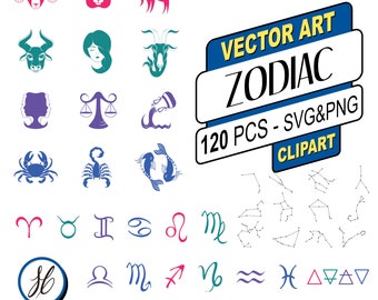 Zodiac Signs Clipart Set, Kit Digital, SVG, PNG, vector, 12 signs, cutouts, symbols, icons and constellations, astrology signs, scrapbooking